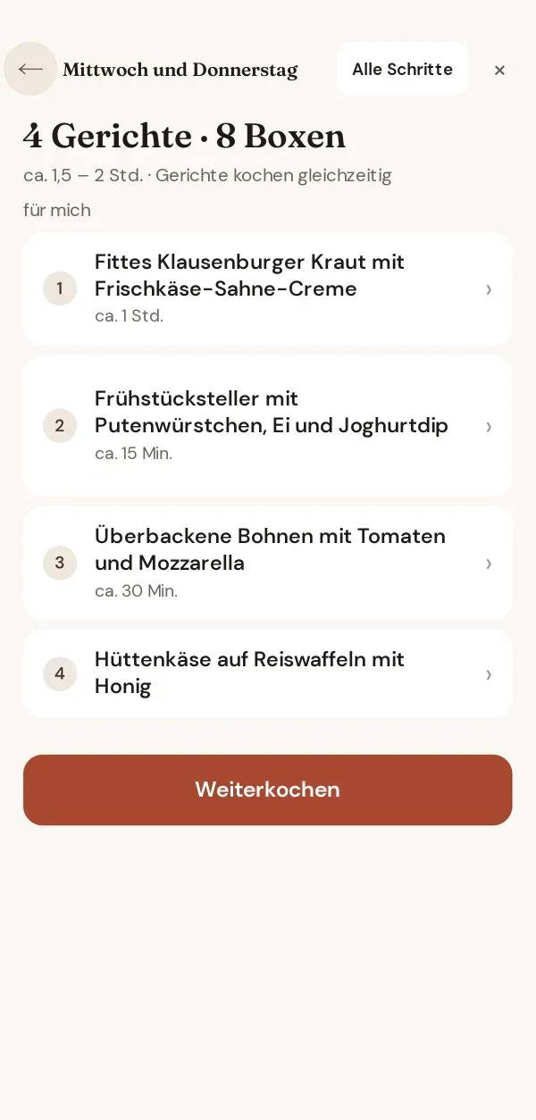 Kochen im Evenyn-Studio: Blockübersicht, 4 Gerichte und 8 Boxen