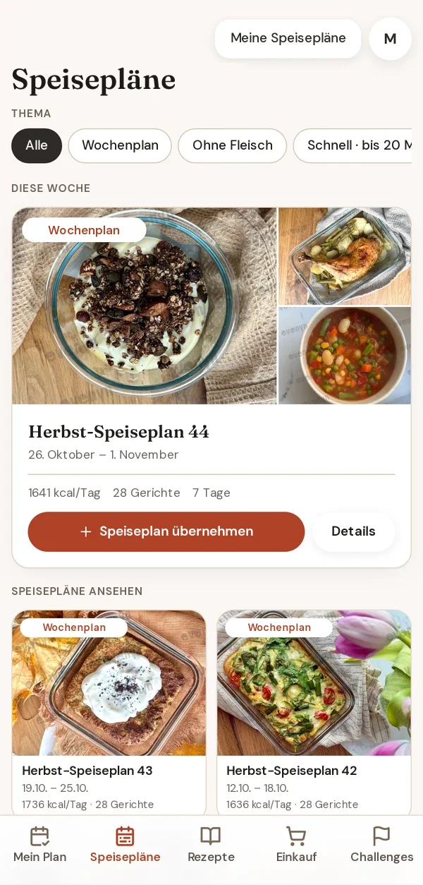 Der Bildschirm „Essenspläne“ in der Evenyn-App