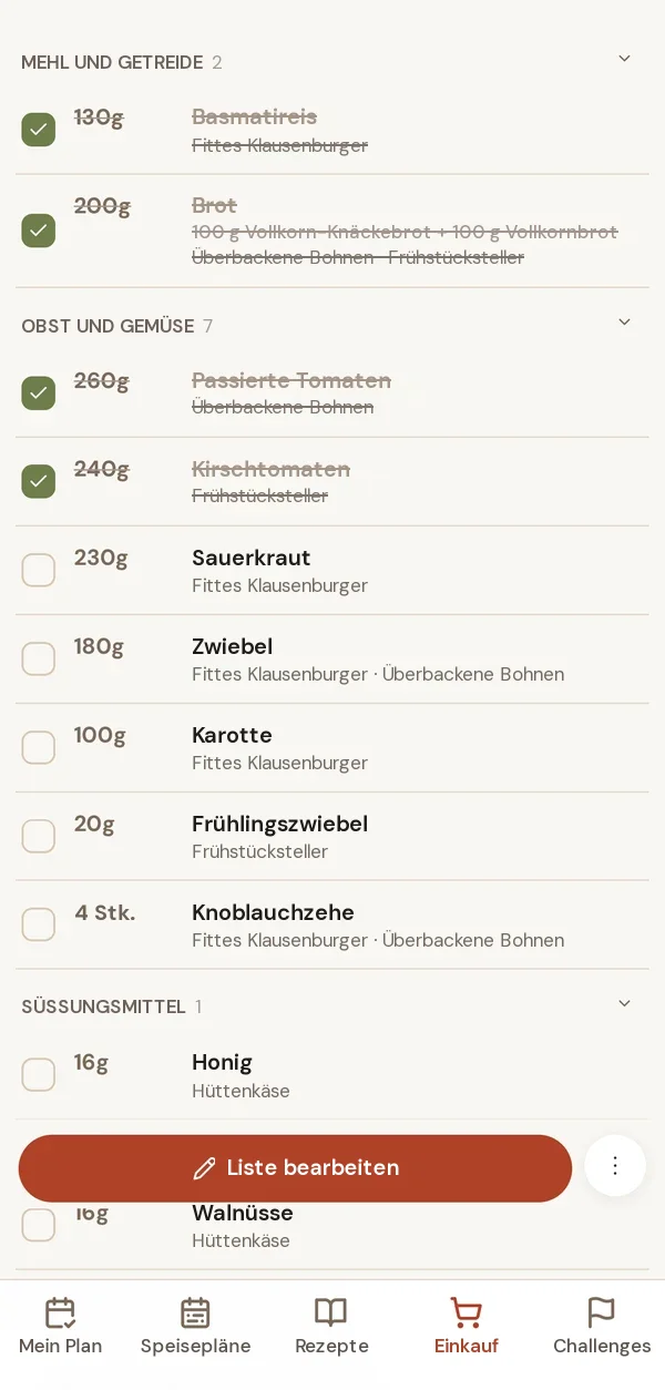 Einkaufsliste in der Evenyn-App