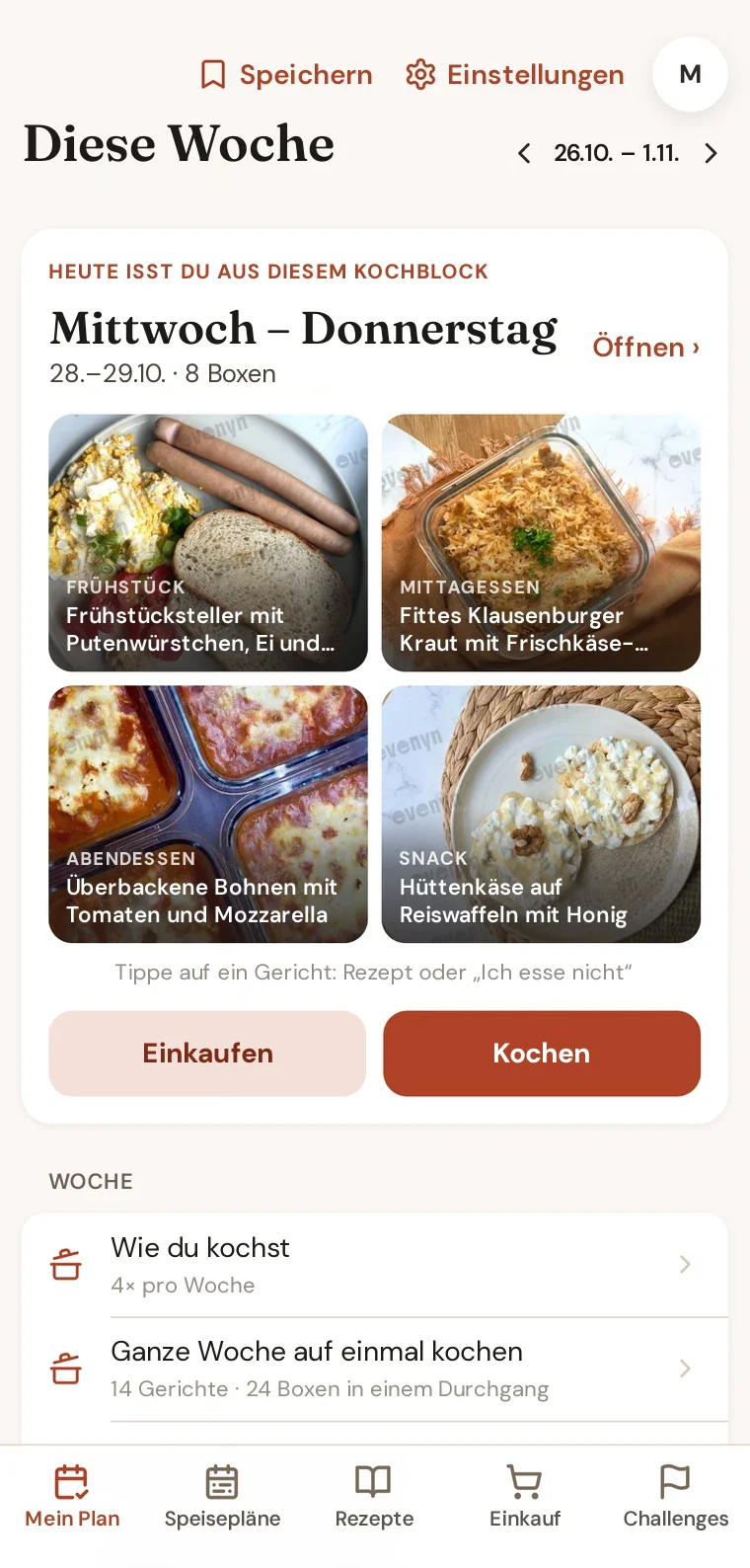 Der Bildschirm „Diese Woche“ in der Evenyn-App: Kochblock für Mittwoch und Donnerstag mit Gerichten für die Lunchboxen