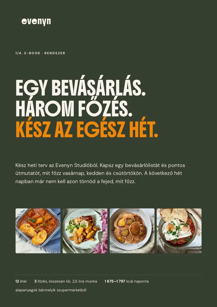 Az e-book címlapja: Egy bevásárlás, három főzés, az egész hét megfőzve