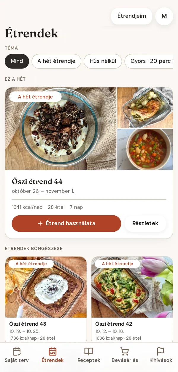 Az Evenyn app Étrendek képernyője