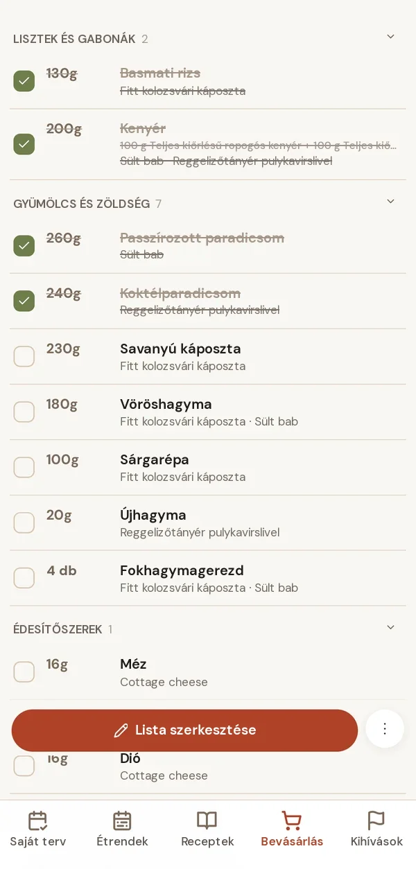 Bevásárlólista az Evenyn appban