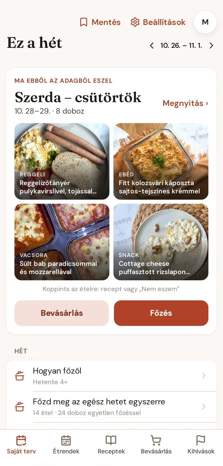 Az Evenyn app Ez a hét képernyője: szerdai és csütörtöki főzési blokk dobozba kerülő ételekkel