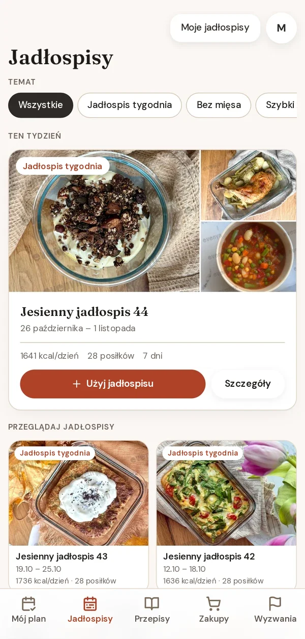 Ekran Jadłospisy w apce Evenyn