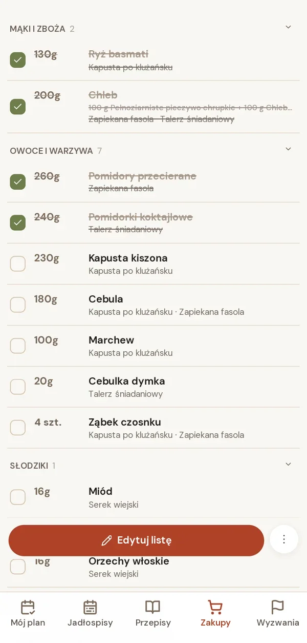 Lista zakupów w apce Evenyn