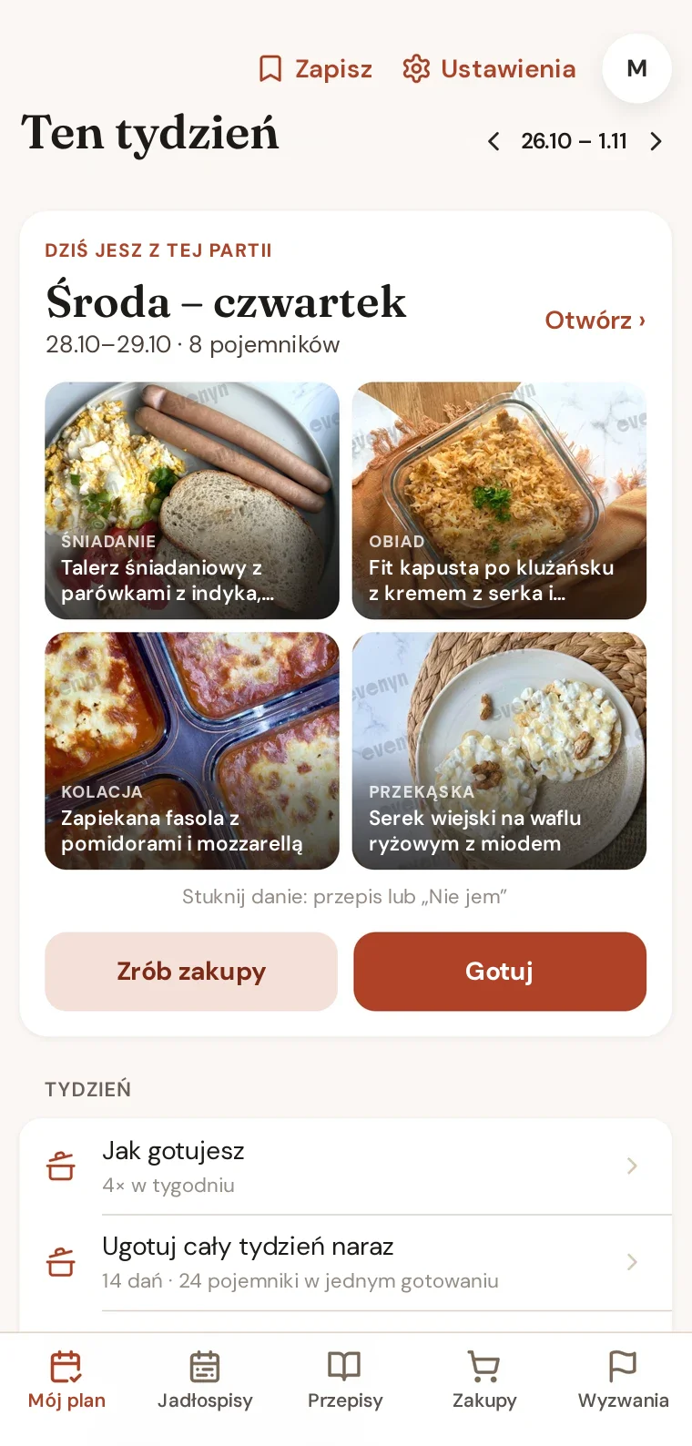 Ekran Ten tydzień w apce Evenyn: blok gotowania na środę i czwartek z daniami do lunchboxów